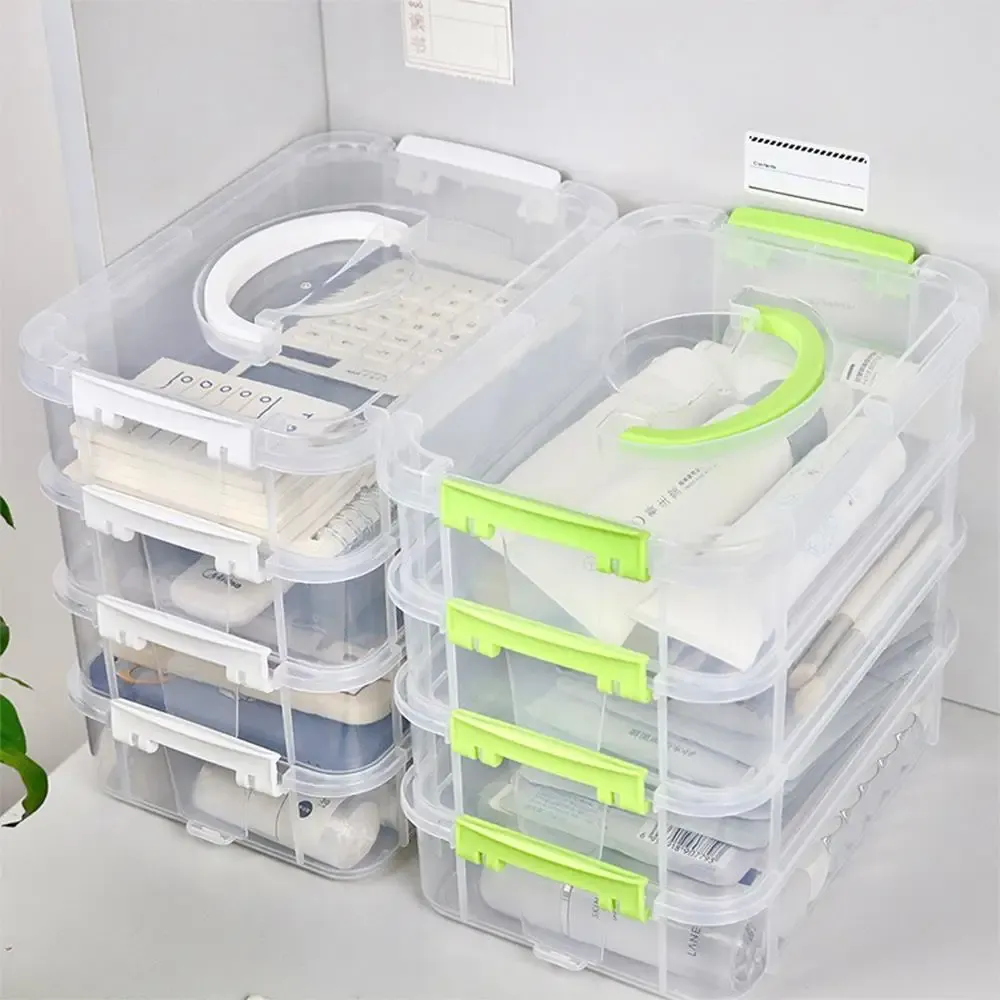 Organisateur extra large à 4 niveaux avec couvercle, boîte de rangement empilable en plastique transparent avec tiroirs et poignée 5