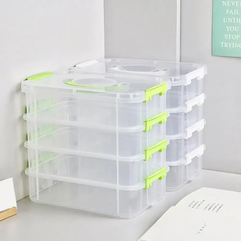 Organisateur extra large à 4 niveaux avec couvercle, boîte de rangement empilable en plastique transparent avec tiroirs et poignée 6