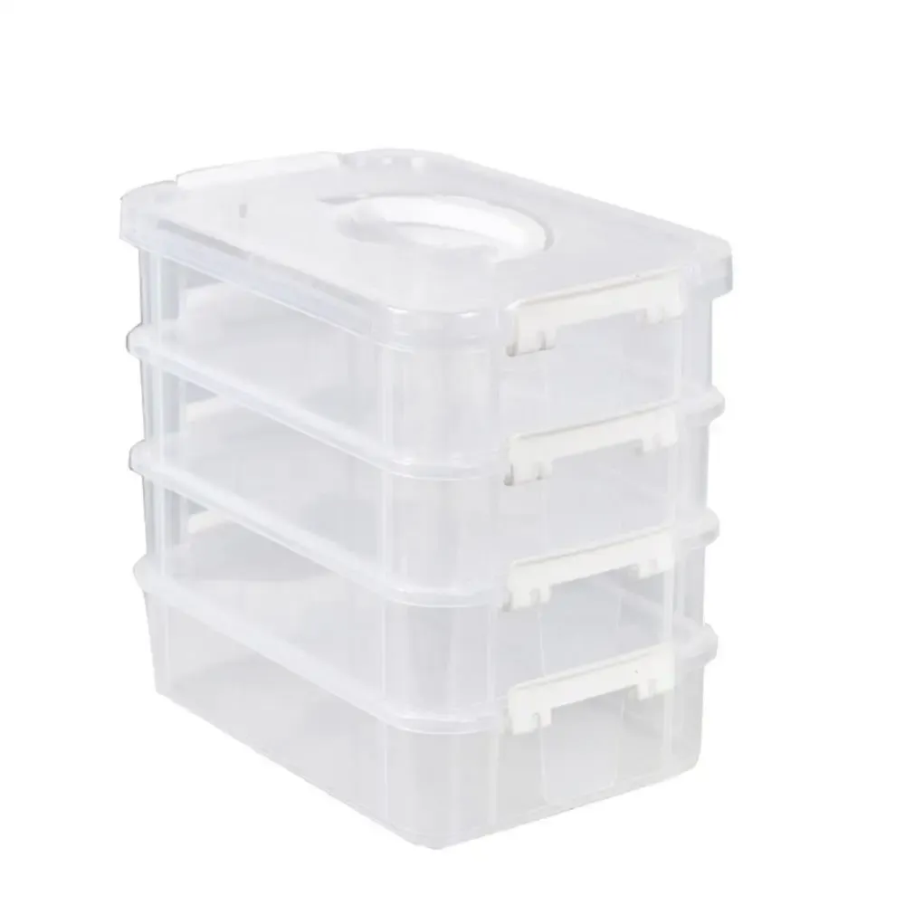 Organisateur extra large à 4 niveaux avec couvercle, boîte de rangement empilable en plastique transparent avec tiroirs et poignée 8