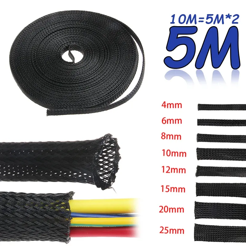 Manchon de câble extensible en PET tressé, longueur 5 m, protection de câbles et presse-étoupe, gaine d'isolation Ø 4/6/8/10/12/15/20/25 mm