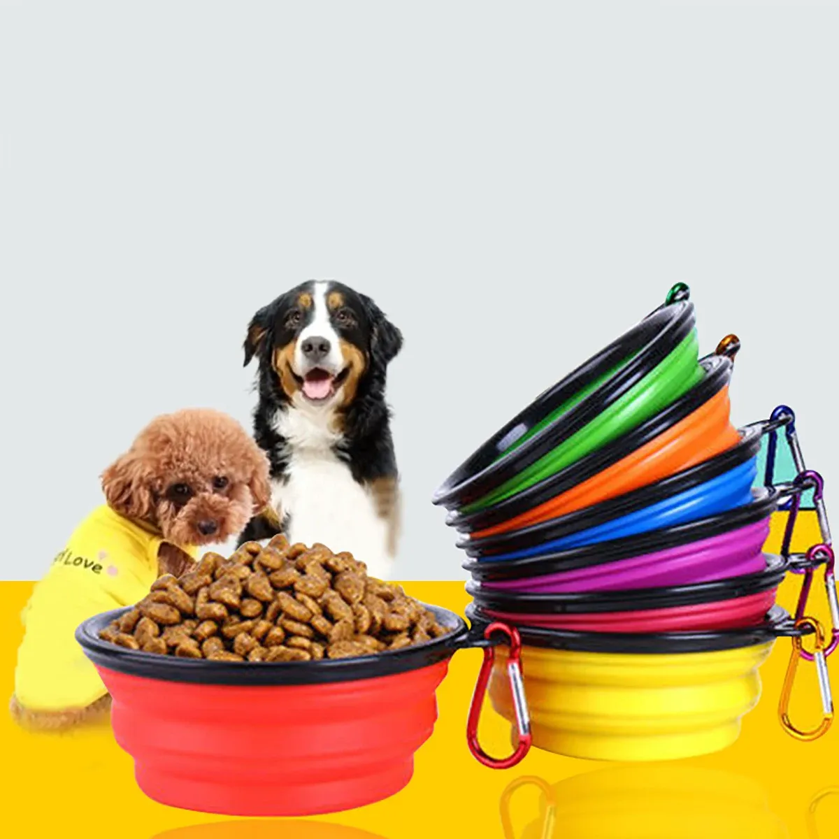 Bol pliable en silicone pour chien, pour la nourriture et l'eau, idéal pour le camping et les voyages, accessoire portable pour animaux de compagnie avec mousqueton - Image 1