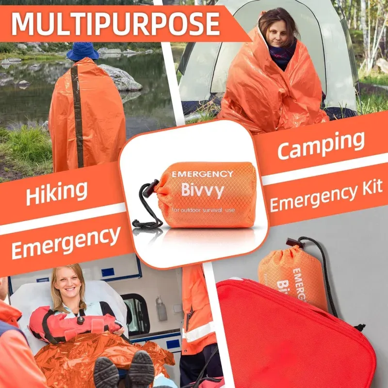 Sac de couchage d'urgence en Mylar, couverture de survie thermique et abri bivouac léger, imperméable et portable pour le camping et la randonnée 6