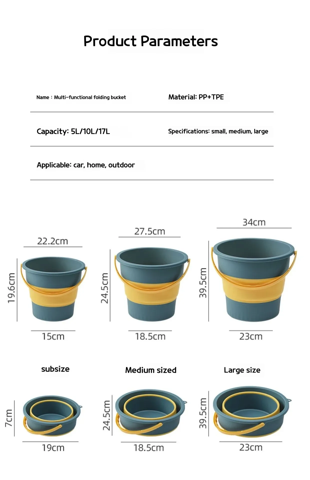 Seau pliant en silicone, mise en valeur