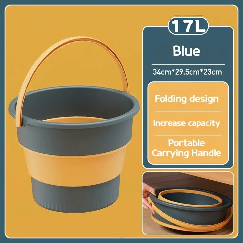 Seau pliable en silicone épais multifonctionnel pour lavage de voiture, pêche et camping, 5/10/17 L, E27 13