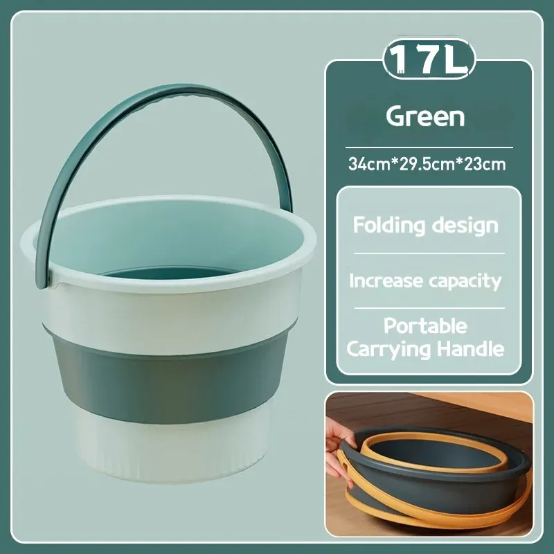 Seau pliable en silicone épais multifonctionnel pour lavage de voiture, pêche et camping, 5/10/17 L, E27 7