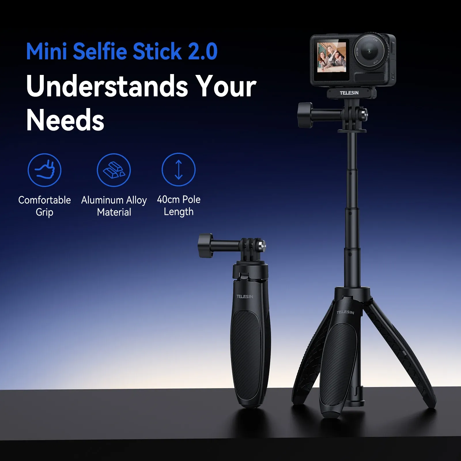 Perche selfie mini trépied TELESIN à dégagement rapide, longueur réglable, compatible GoPro, Insta360, DJI Osmo et caméras d'action 2