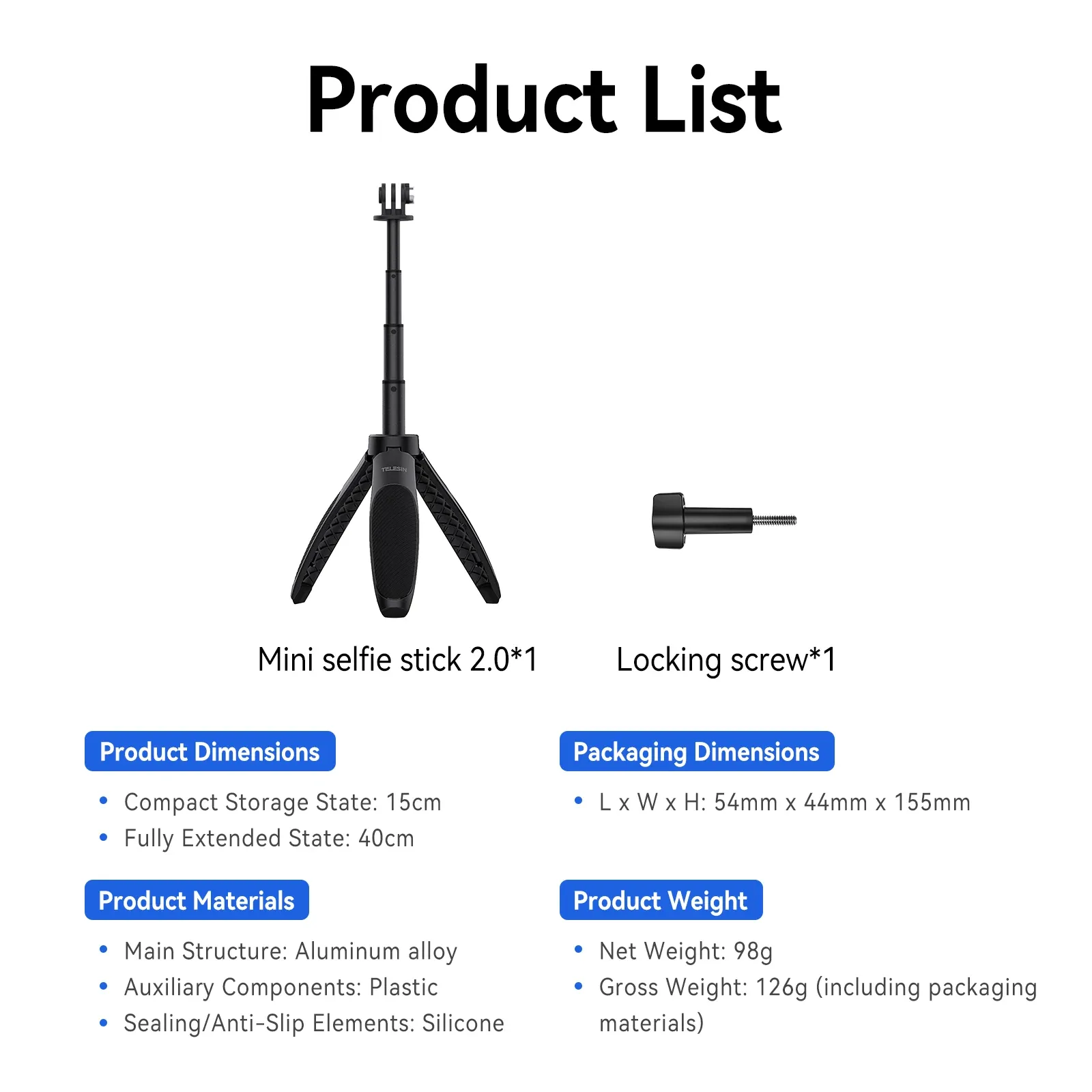 Perche selfie mini trépied TELESIN à dégagement rapide, longueur réglable, compatible GoPro, Insta360, DJI Osmo et caméras d'action 6