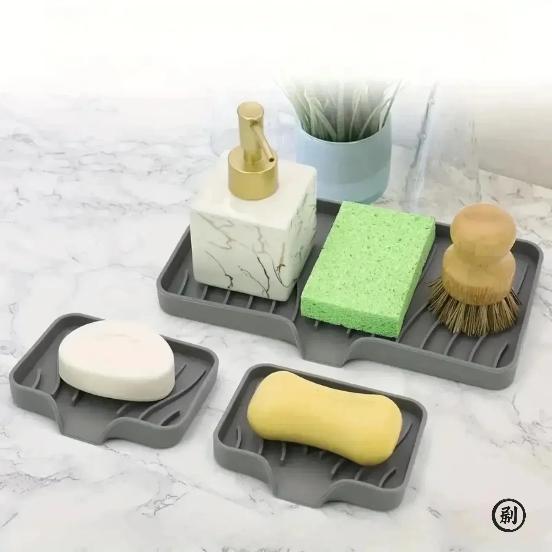 Support de rangement en silicone pour évier avec égouttoir, porte-savon et porte-éponge, pour brosse à récurer et accessoires de cuisine 3