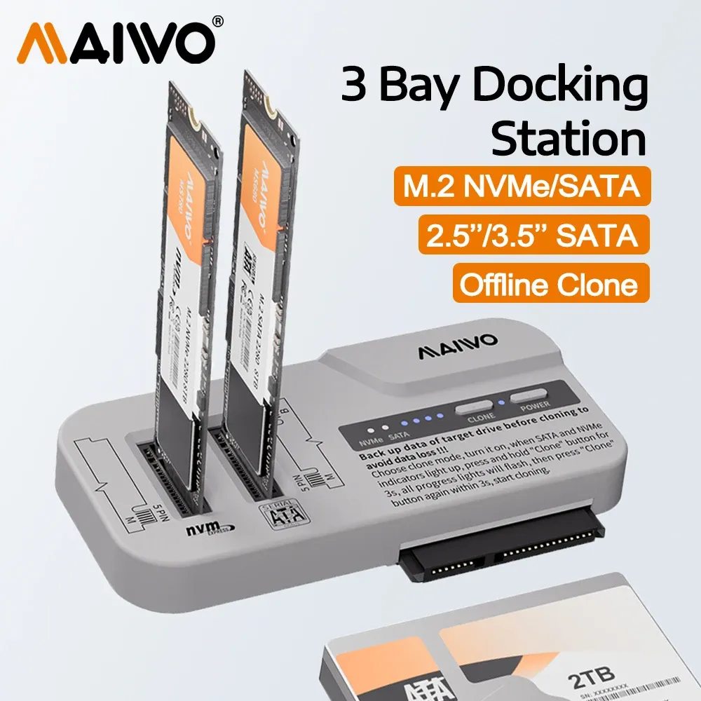 MAIWO Station d'accueil 3 baies pour SSD M.2 NVMe/SATA et disques durs SATA 2,5 et 3,5 pouces, prise en charge de l'adaptateur 30 To/8 To, clonage hors ligne