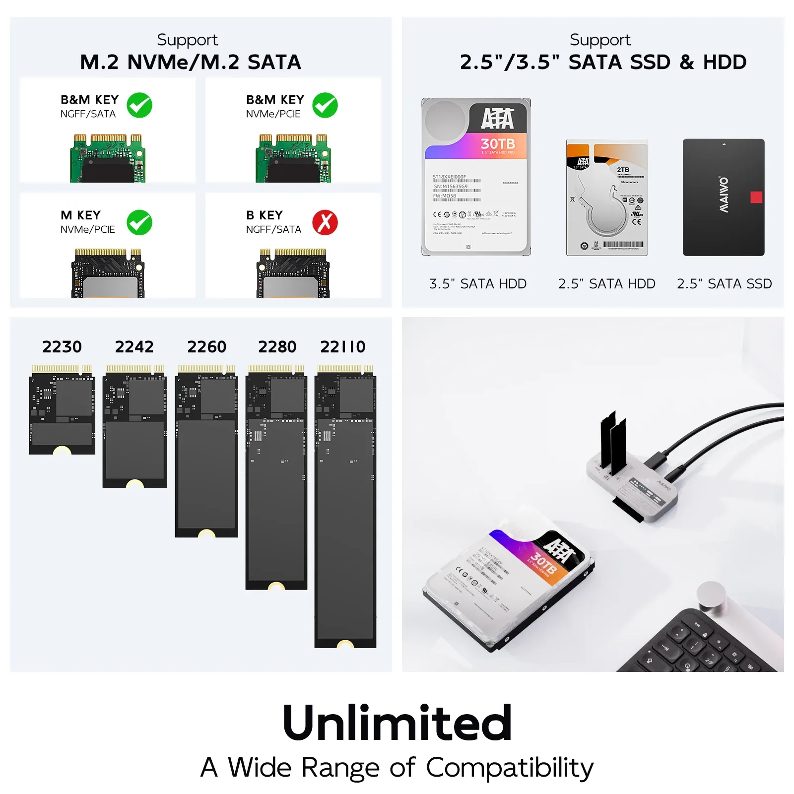 MAIWO Station d'accueil 3 baies pour SSD M.2 NVMe/SATA et disques durs SATA 2,5 et 3,5 pouces, prise en charge de l'adaptateur 30 To/8 To, clonage hors ligne 3