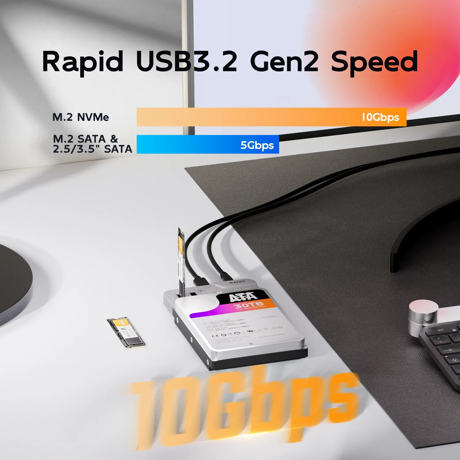 MAIWO Station d'accueil 3 baies pour SSD M.2 NVMe/SATA et disques durs SATA 2,5 et 3,5 pouces, prise en charge de l'adaptateur 30 To/8 To, clonage hors ligne 2