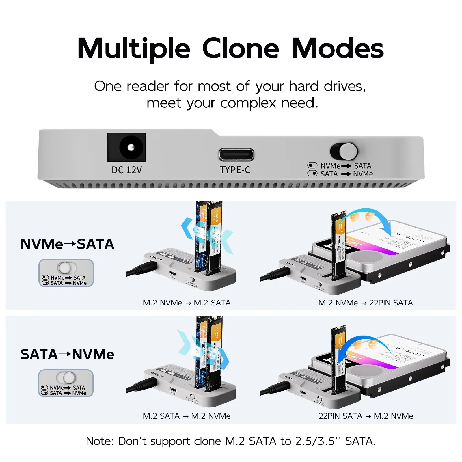 MAIWO Station d'accueil 3 baies pour SSD M.2 NVMe/SATA et disques durs SATA 2,5 et 3,5 pouces, prise en charge de l'adaptateur 30 To/8 To, clonage hors ligne 4