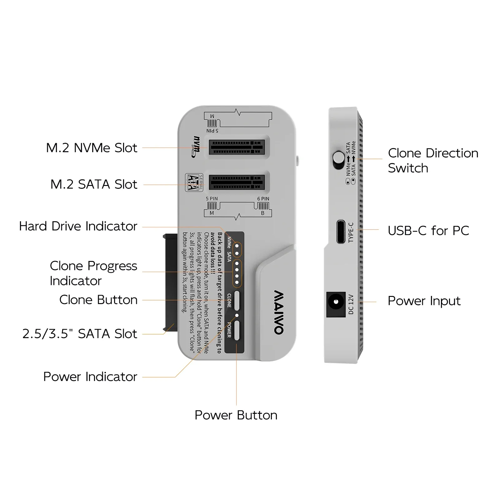 MAIWO Station d'accueil 3 baies pour SSD M.2 NVMe/SATA et disques durs SATA 2,5 et 3,5 pouces, prise en charge de l'adaptateur 30 To/8 To, clonage hors ligne 6