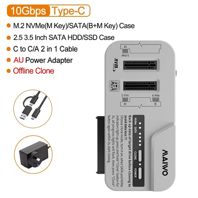MAIWO Station d'accueil 3 baies pour SSD M.2 NVMe/SATA et disques durs SATA 2,5 et 3,5 pouces, prise en charge de l'adaptateur 30 To/8 To, clonage hors ligne 10