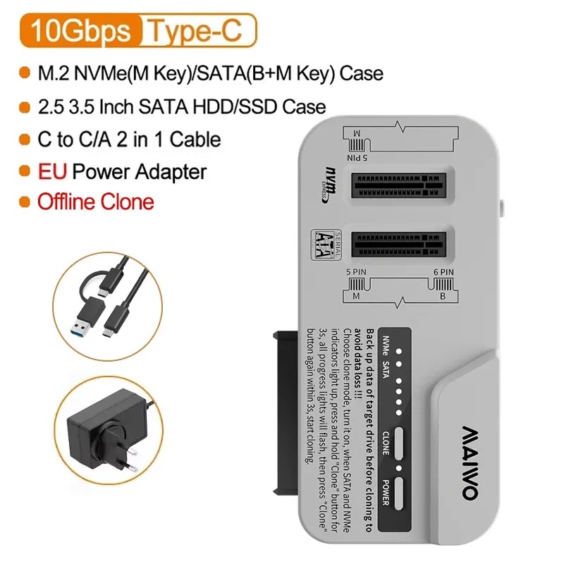 MAIWO Station d'accueil 3 baies pour SSD M.2 NVMe/SATA et disques durs SATA 2,5 et 3,5 pouces, prise en charge de l'adaptateur 30 To/8 To, clonage hors ligne 9