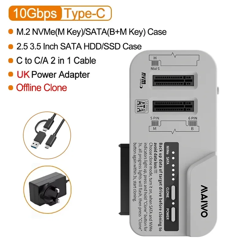 MAIWO Station d'accueil 3 baies pour SSD M.2 NVMe/SATA et disques durs SATA 2,5 et 3,5 pouces, prise en charge de l'adaptateur 30 To/8 To, clonage hors ligne 8