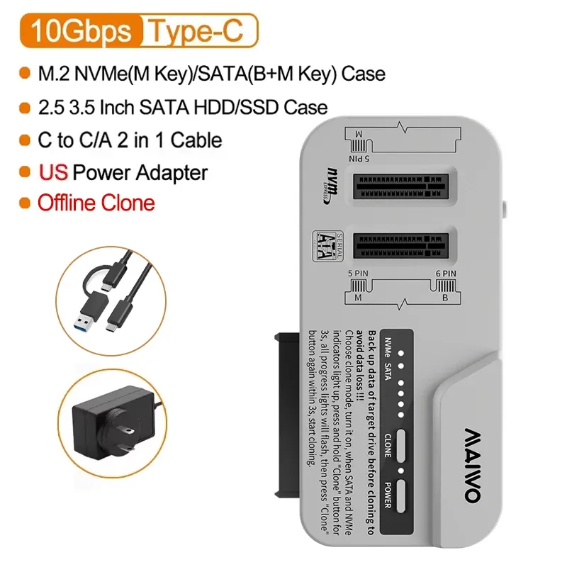 MAIWO Station d'accueil 3 baies pour SSD M.2 NVMe/SATA et disques durs SATA 2,5 et 3,5 pouces, prise en charge de l'adaptateur 30 To/8 To, clonage hors ligne 7