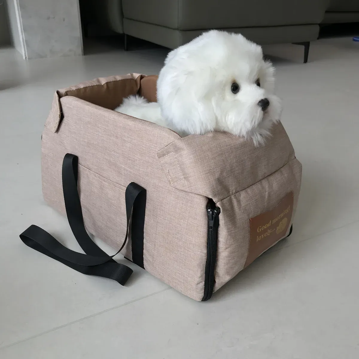Siège rehausseur de voiture pour chien et chat avec support portable, siège d'appoint pour petits chiens et chats, accoudoir central avec attache de sécurité 2