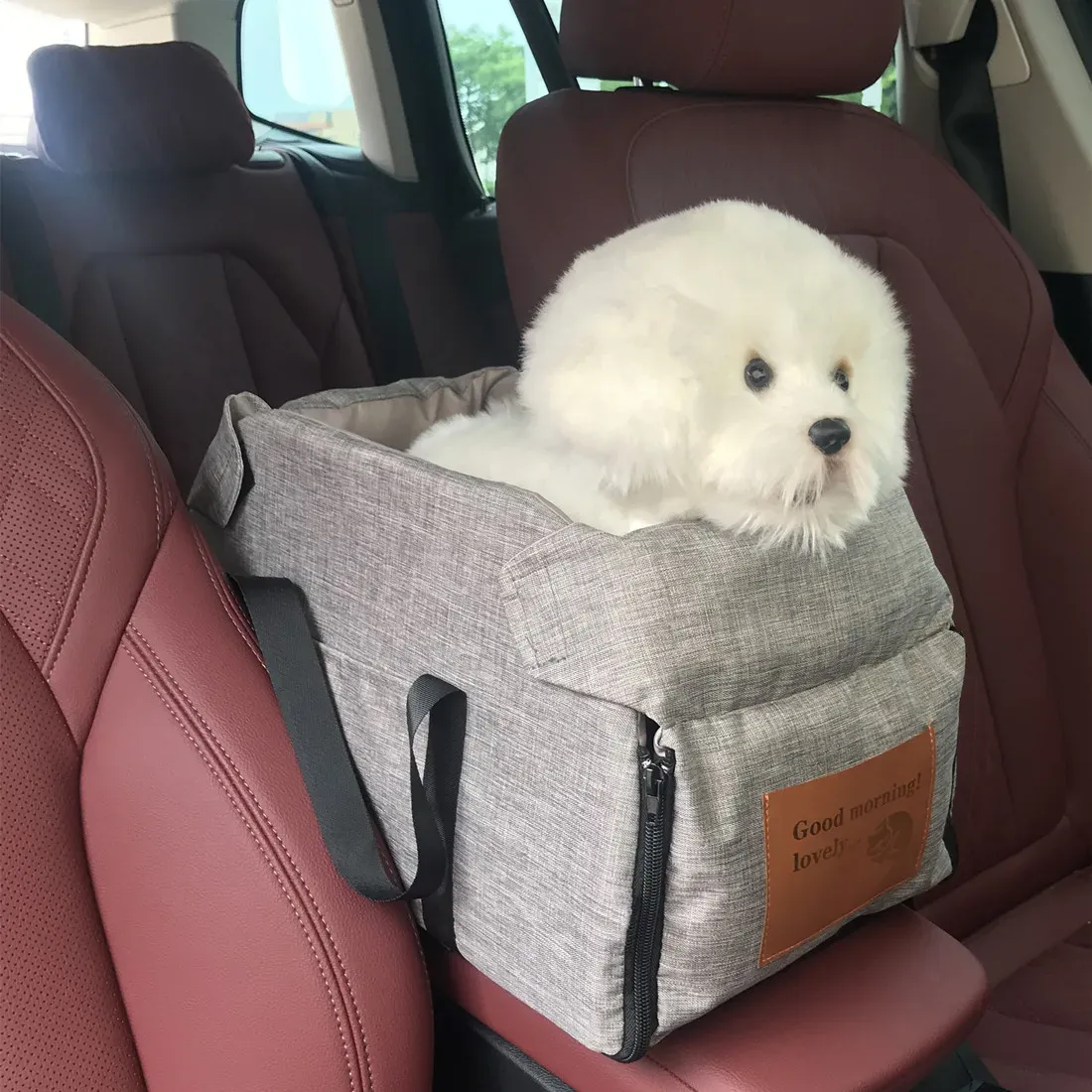 Siège rehausseur de voiture pour chien et chat avec support portable, siège d'appoint pour petits chiens et chats, accoudoir central avec attache de sécurité 4