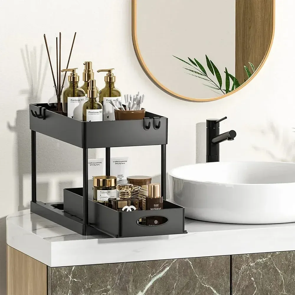 Organisateur de rangement multifonction à 2 niveaux pour sous-évier, avec panier coulissant, crochets et support suspendu pour salle de bain 6