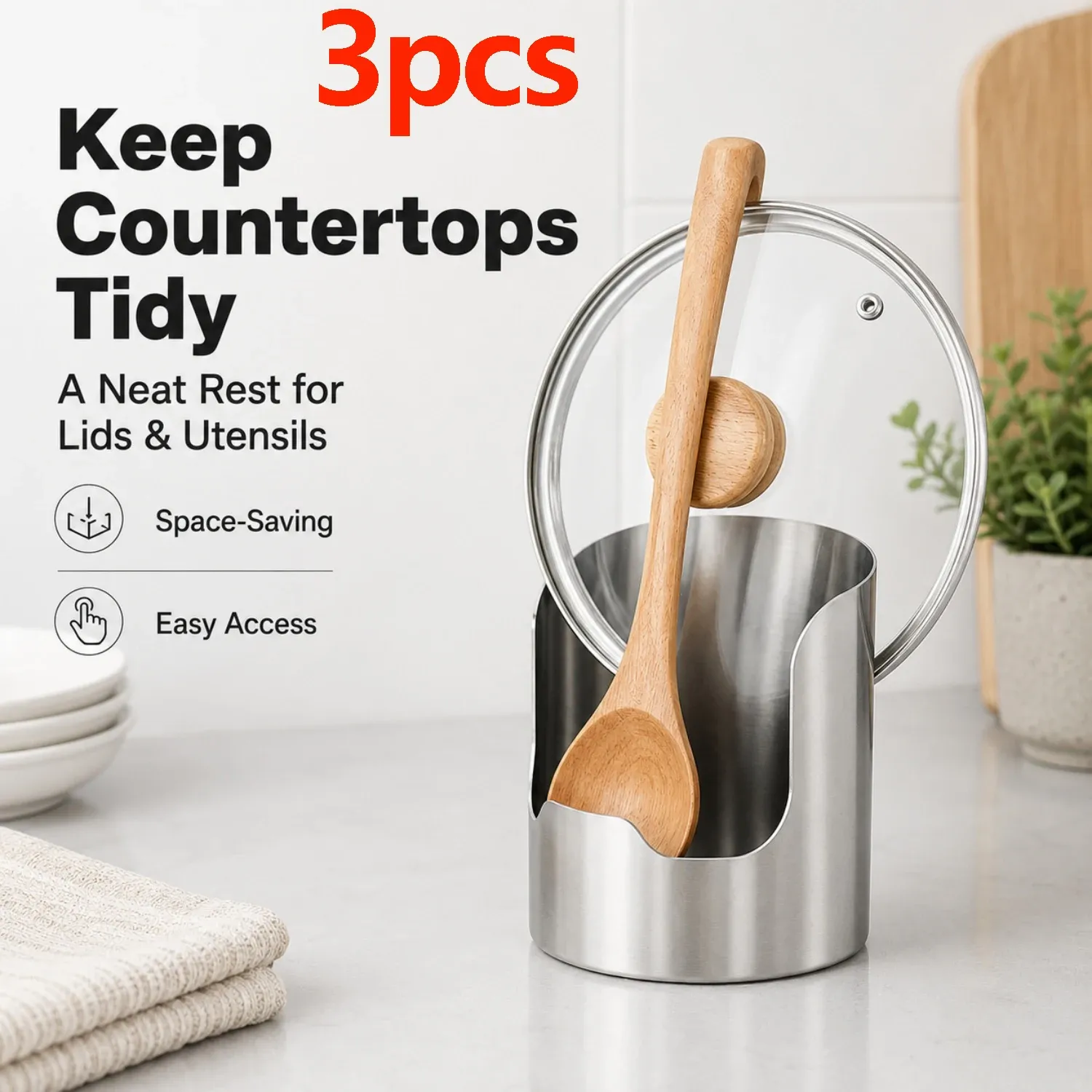 Lot de 3 supports multifonctionnels en acier inoxydable pour couvercles de casseroles, ustensiles, cuillères, louches et planches à découper – Organisateur de cuisine pour plan de travail - Image 1