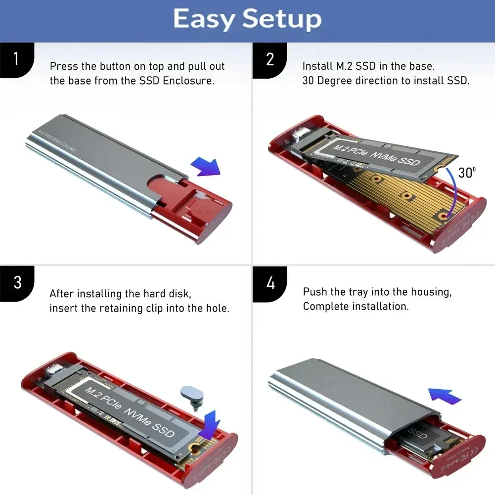 Boîtier SSD M.2 NVMe 10 Gbit/s avec port USB-C portable, compatible USB 3.1, avec tampon thermique pour SSD M.2 4