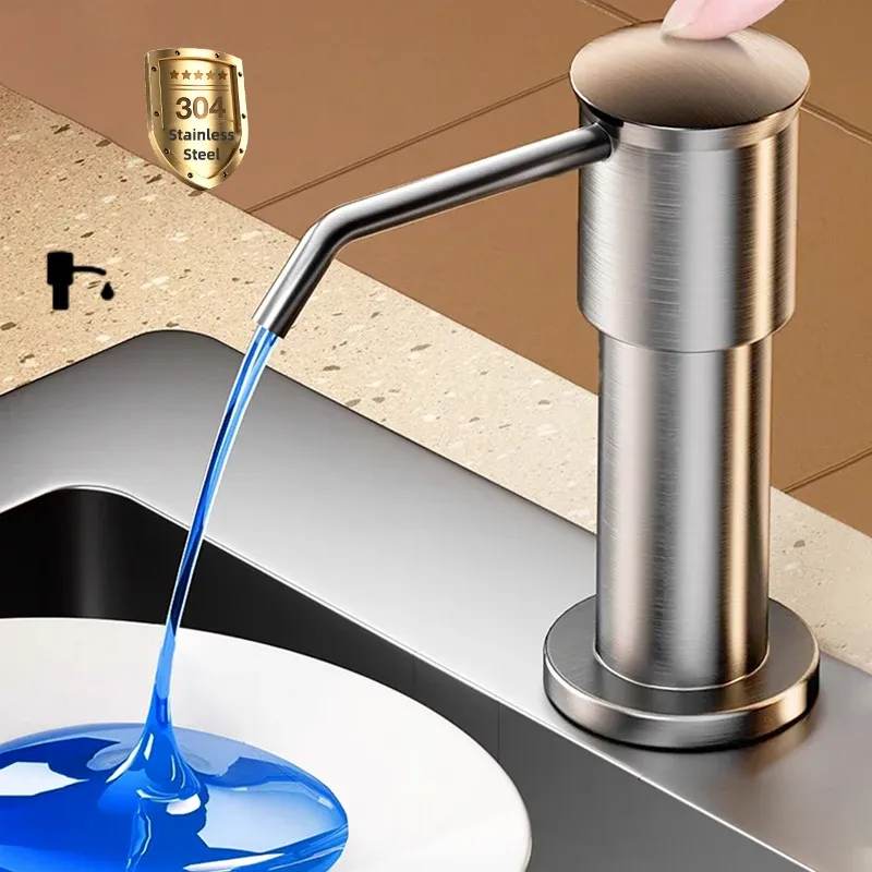 Distributeur de savon pour évier de cuisine intégré au plan de travail, pompe brossée – Argent/Gris