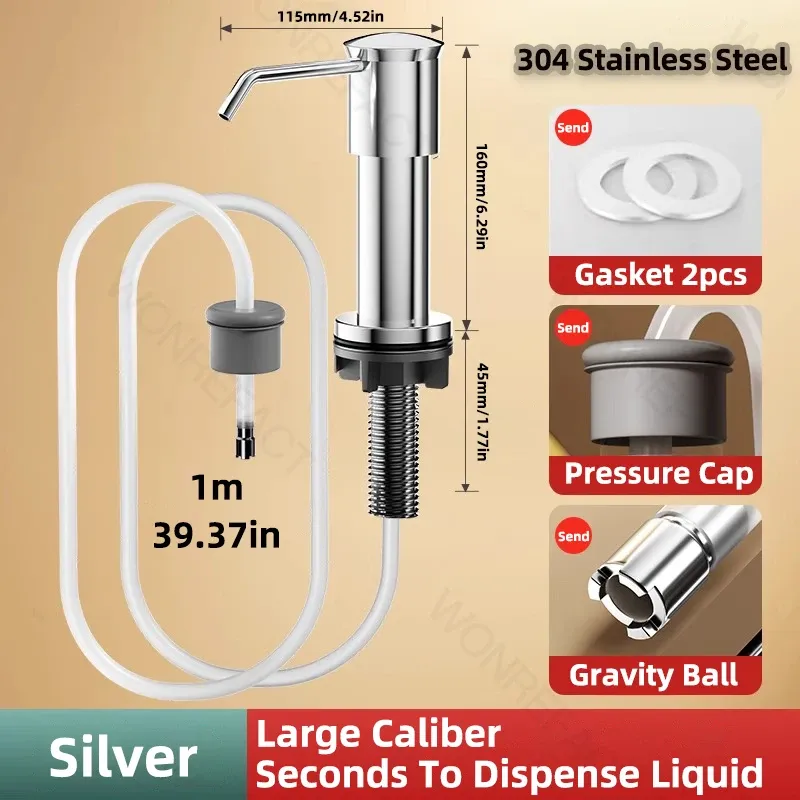 Distributeur de savon pour évier de cuisine intégré au plan de travail, pompe brossée – Argent/Gris 9