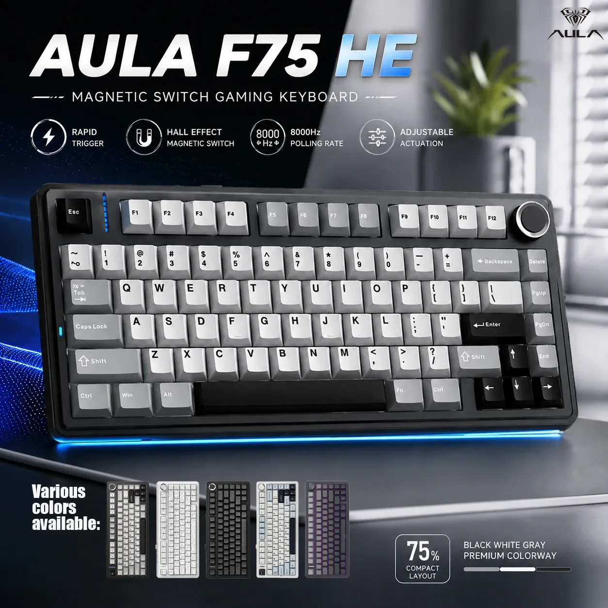 Clavier mécanique AULA F75 HE 75 %, à effet Hall, tri-mode (2.4G, Bluetooth 5.3, filaire), Hot Swap, RGB, batterie 4000 mAh, taux de scrutation 8 kHz 1