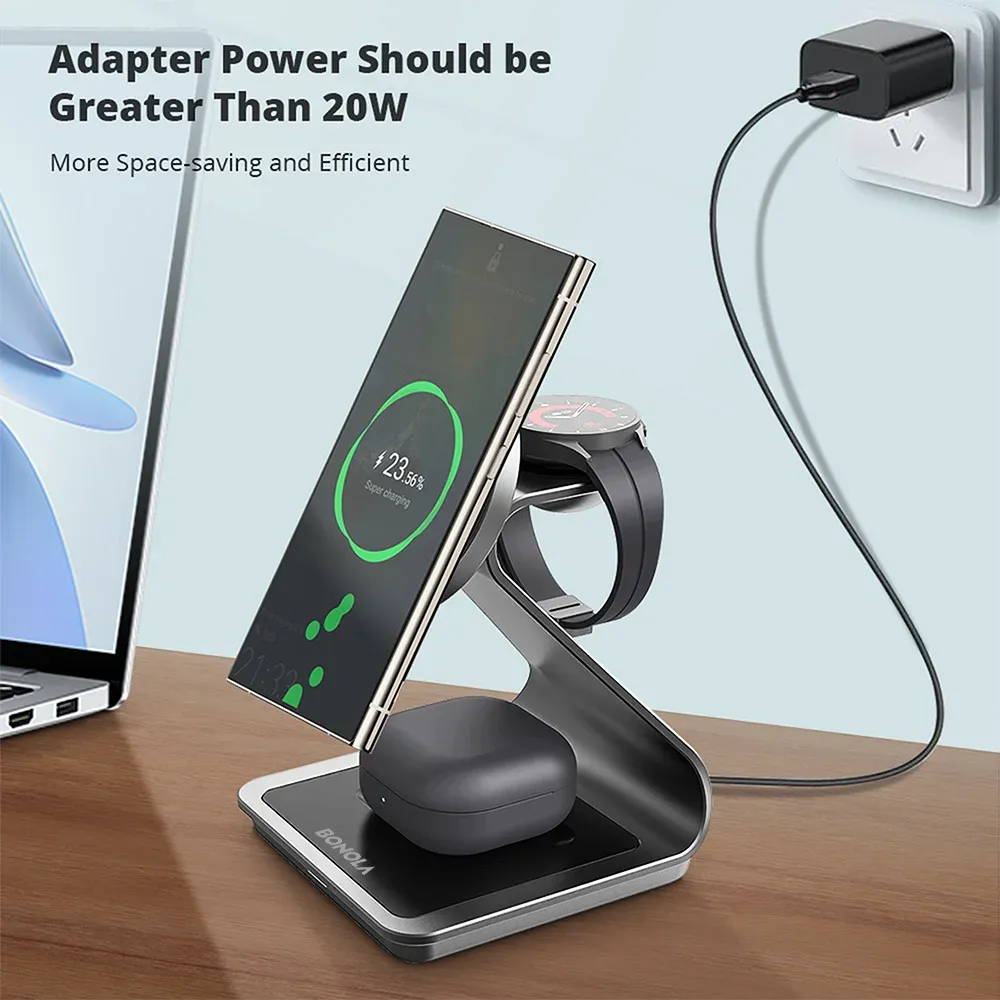 Station de charge sans fil magnétique 3 en 1 Bonola pour Samsung S24 Ultra/S25/26, support de charge rapide pour Galaxy Watch 8/7/6/écouteurs 2