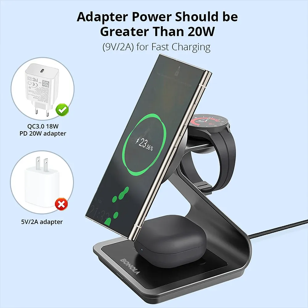 Station de charge sans fil magnétique 3 en 1 Bonola pour Samsung S24 Ultra/S25/26, support de charge rapide pour Galaxy Watch 8/7/6/écouteurs 5