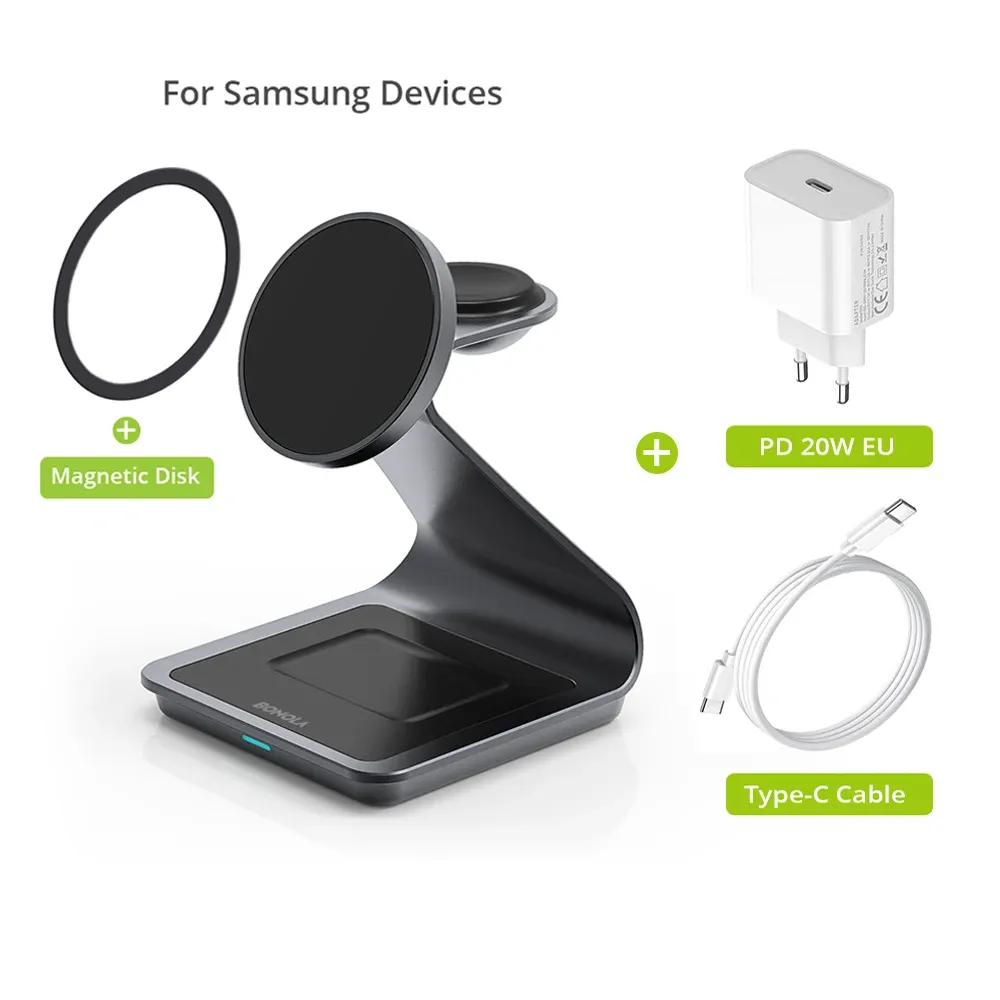 Station de charge sans fil magnétique 3 en 1 Bonola pour Samsung S24 Ultra/S25/26, support de charge rapide pour Galaxy Watch 8/7/6/écouteurs 9