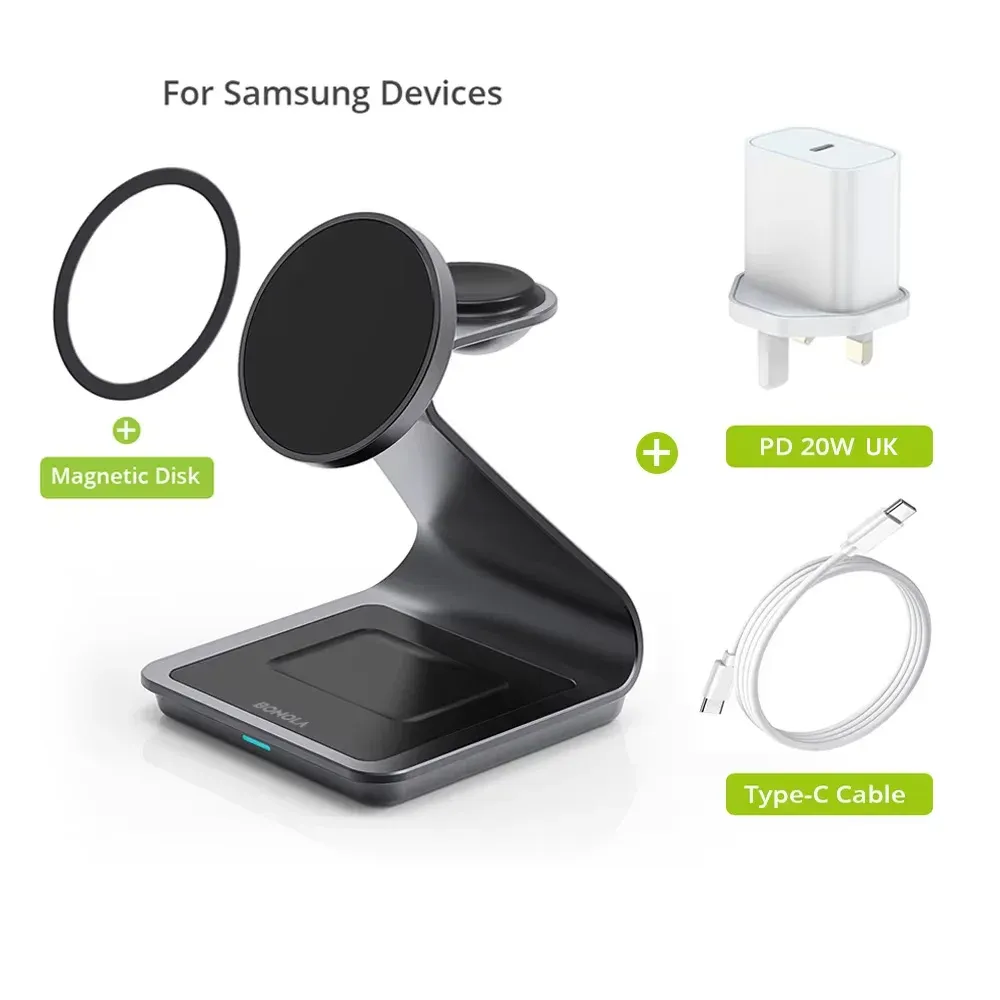 Station de charge sans fil magnétique 3 en 1 Bonola pour Samsung S24 Ultra/S25/26, support de charge rapide pour Galaxy Watch 8/7/6/écouteurs 8
