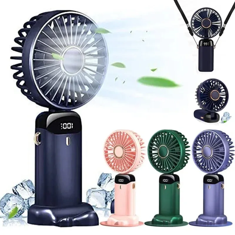 Mini ventilateur portatif pliable à suspendre au cou, 5 vitesses, rechargeable par USB, écran LED, batterie 1800 mAh