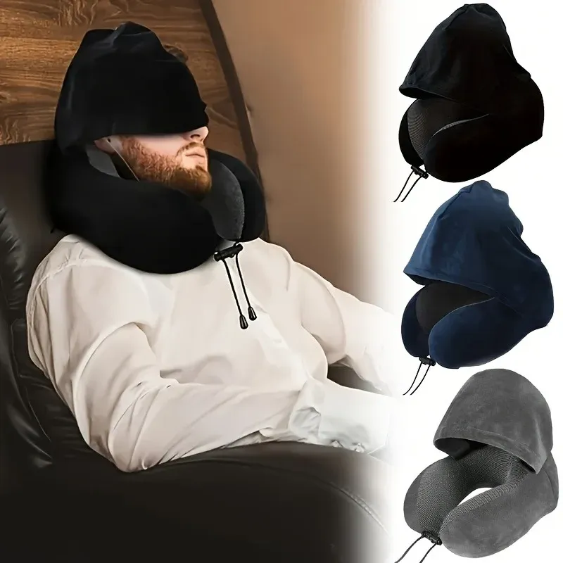 Oreiller de voyage en U en mousse à mémoire de forme, avec capuche amovible et housse lavable 1