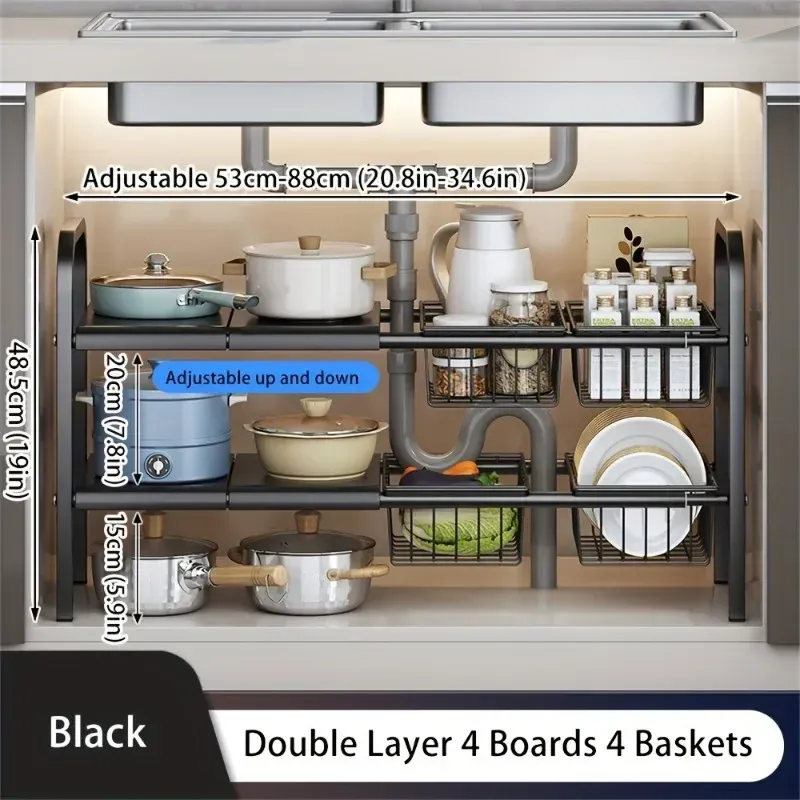 Organisateur extensible pour sous-évier de cuisine et salle de bain, étagère de rangement multifonction 9