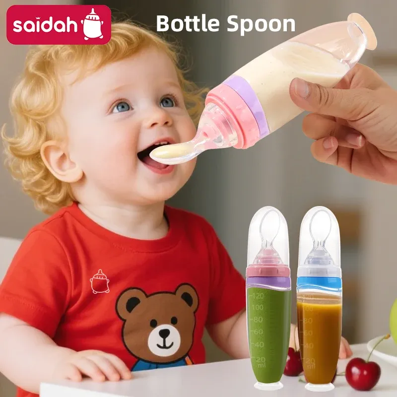 120 ml / 4 oz Distributeur de nourriture liquide en silicone pour bébé | Distributeur de purée de fruits et de riz | Cuillère amovible - Image 1