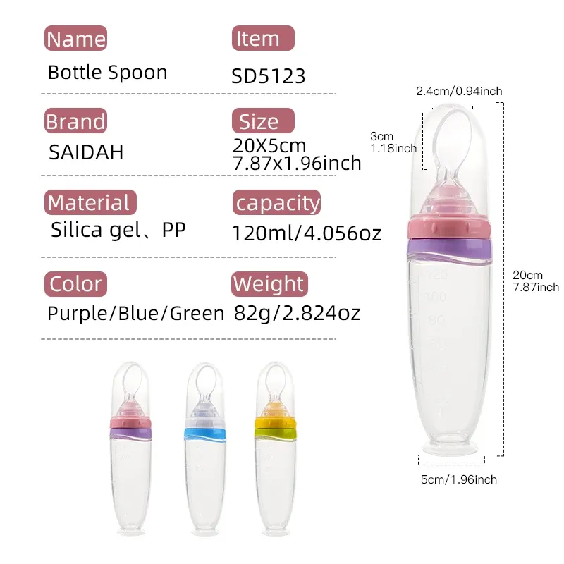 120 ml / 4 oz Distributeur de nourriture liquide en silicone pour bébé | Distributeur de purée de fruits et de riz | Cuillère amovible 2