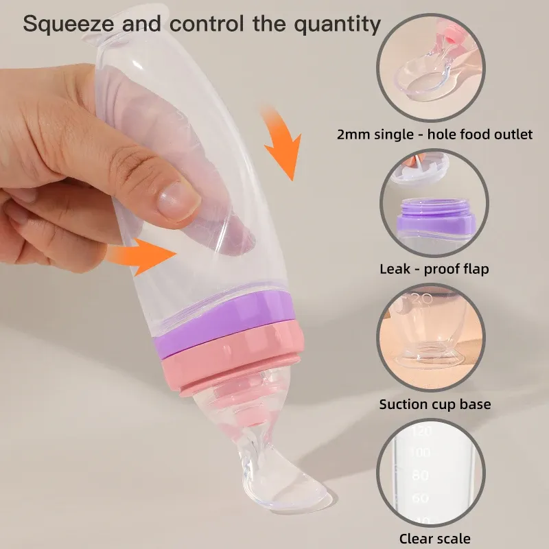 120 ml / 4 oz Distributeur de nourriture liquide en silicone pour bébé | Distributeur de purée de fruits et de riz | Cuillère amovible 4