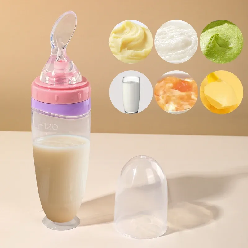 120 ml / 4 oz Distributeur de nourriture liquide en silicone pour bébé | Distributeur de purée de fruits et de riz | Cuillère amovible 5