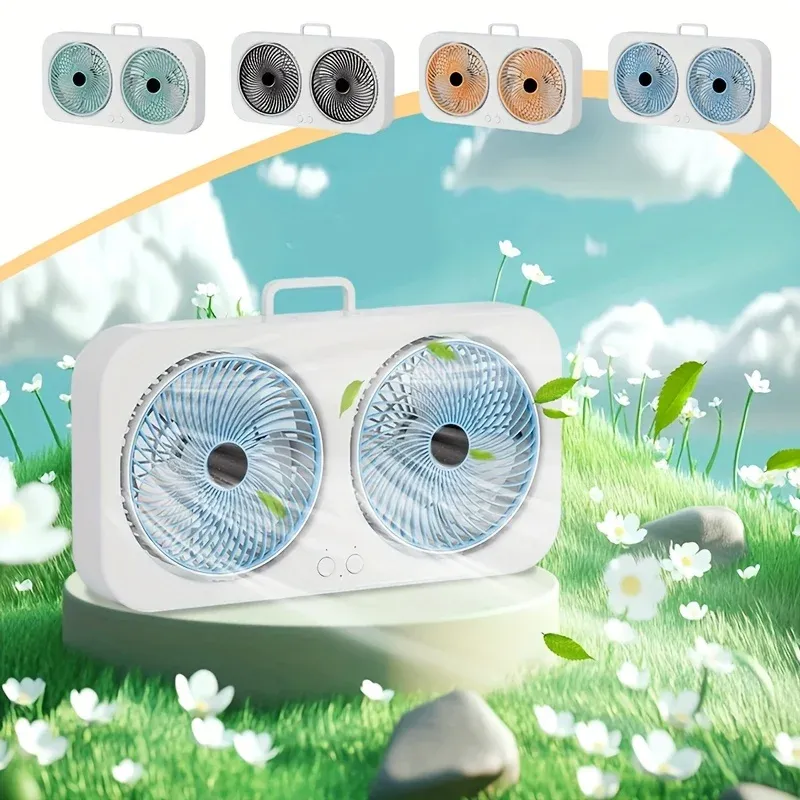 Ventilateur USB rechargeable à double tête, rotation 360°, montage mural ou sur pied 2
