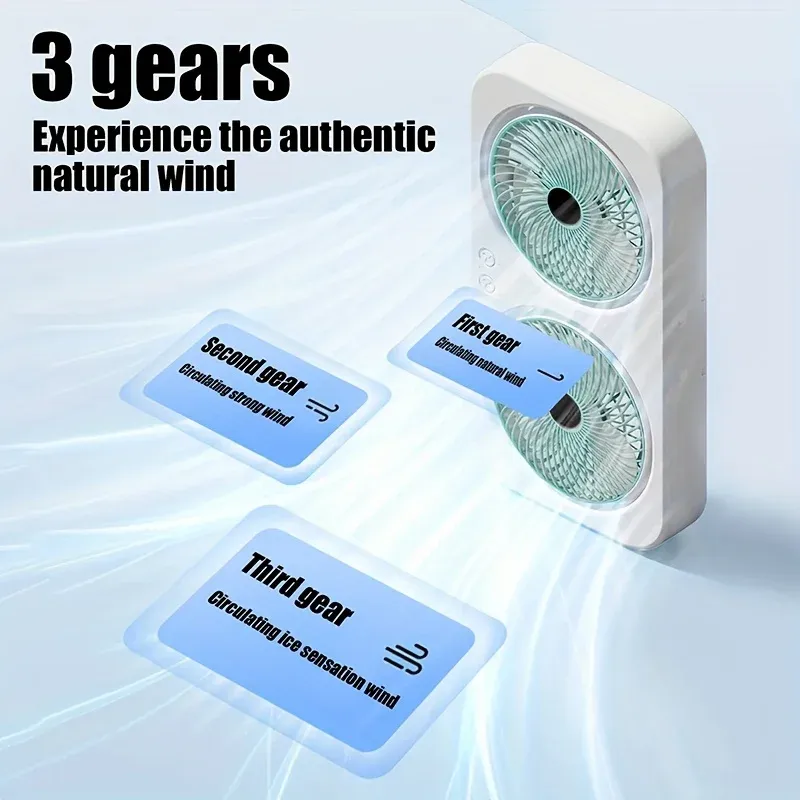 Ventilateur USB rechargeable à double tête, rotation 360°, montage mural ou sur pied 3