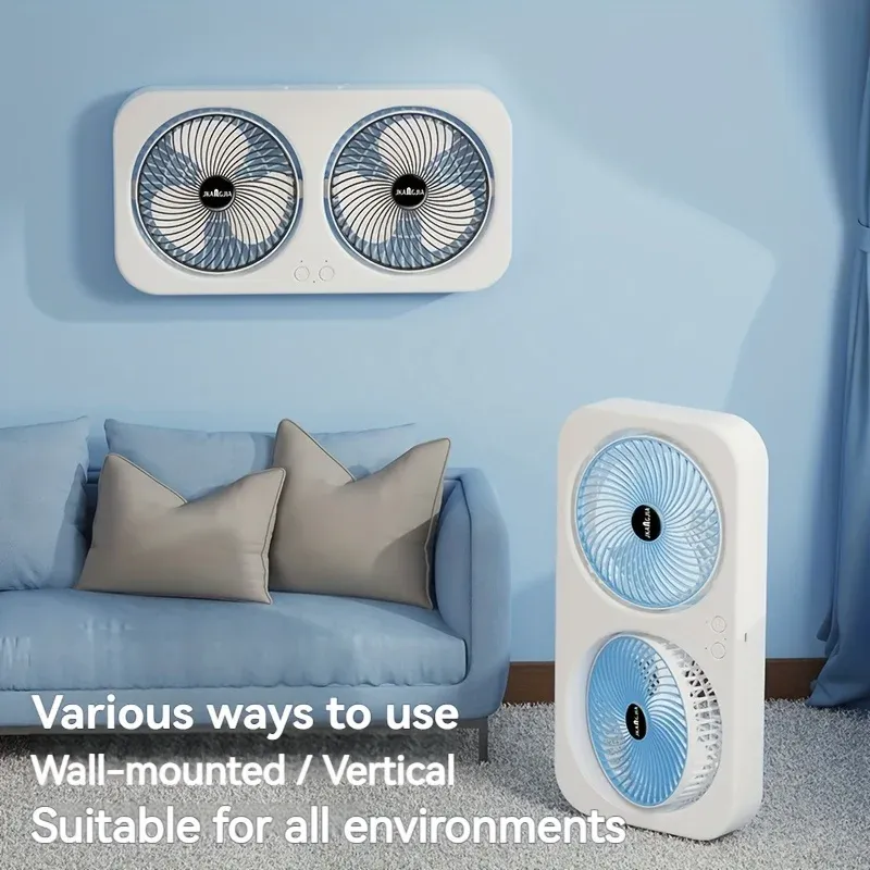 Ventilateur USB rechargeable à double tête, rotation 360°, montage mural ou sur pied 4