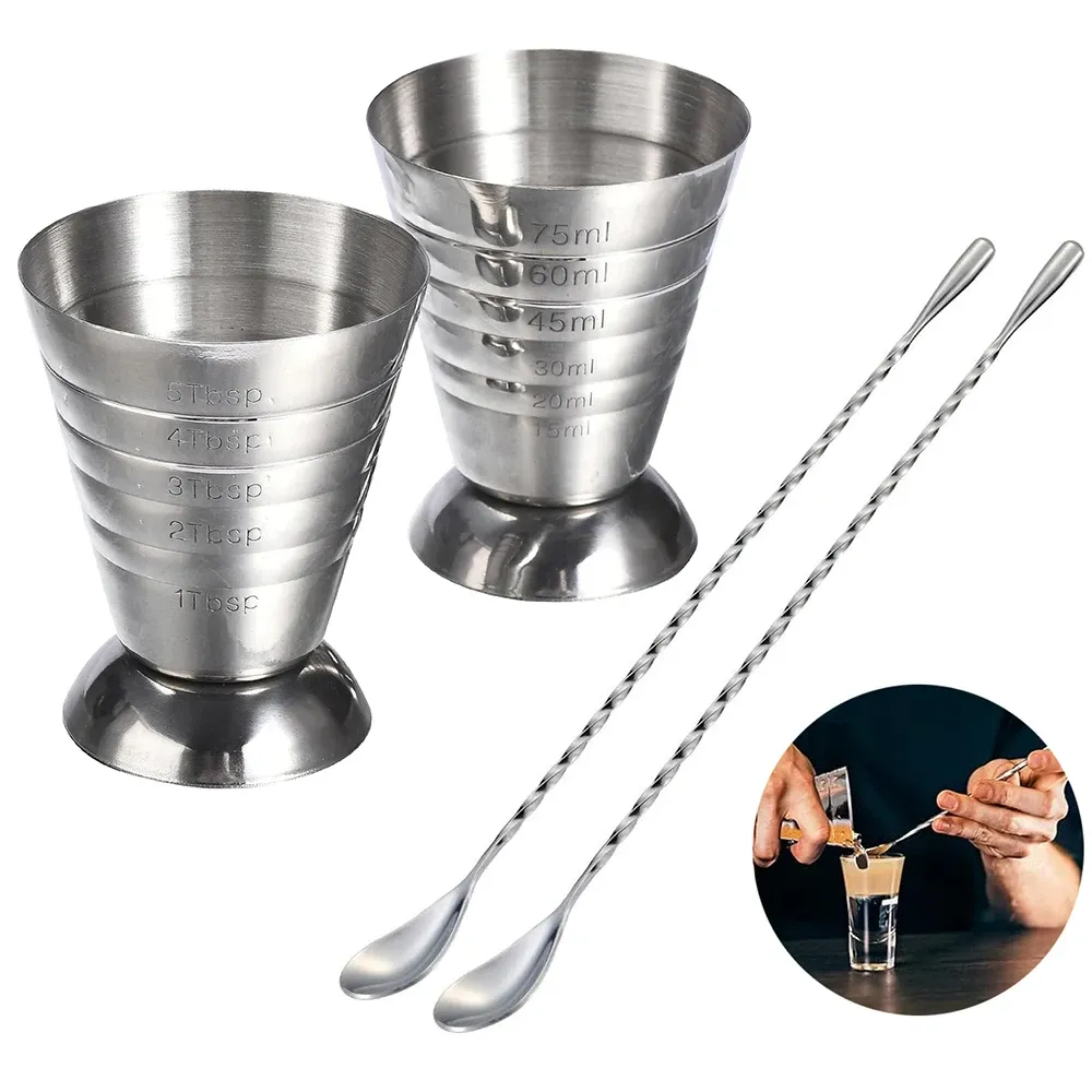 Tasse doseuse en acier inoxydable avec cuillère mélangeuse, doseur à cocktail 2,5 oz / 5 cl / 75 ml, ensemble de doseurs pour shots, accessoires de bar - Image 1