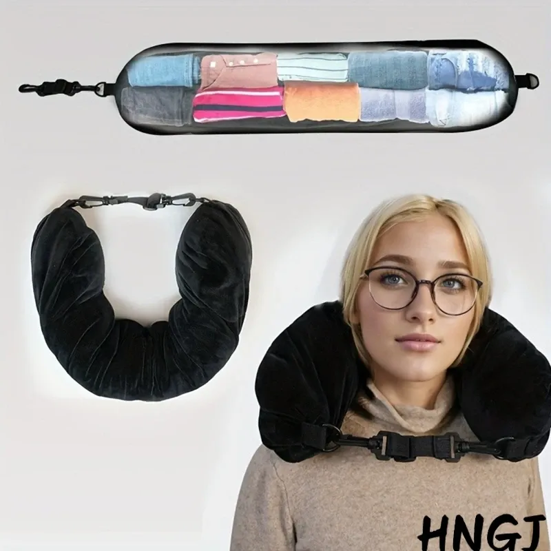 Oreiller de voyage avec pochette de rangement et soutien du cou réglable en polyester, léger et confortable