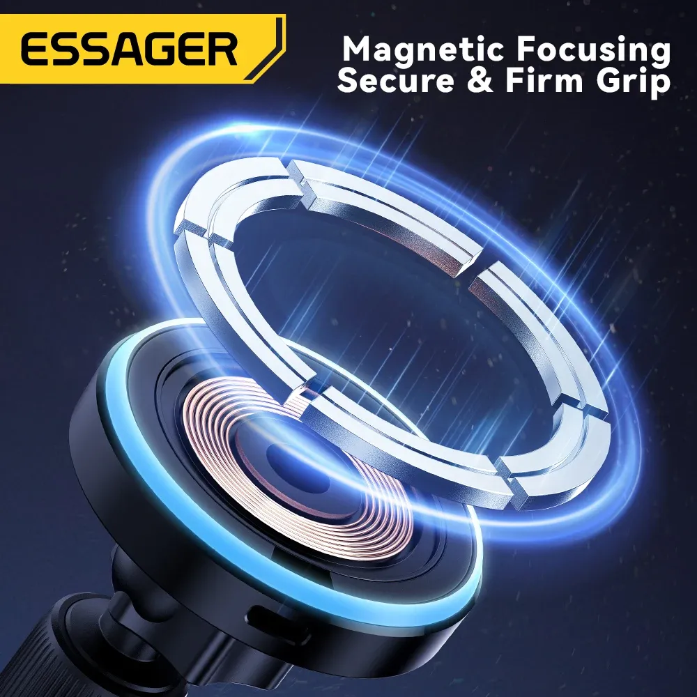 Support magnétique pour téléphone de voiture Essager 15W avec chargeur sans fil pour iPhone 17, 16, 15, 14 Max, compatible MagSafe avec éclairage LED 5