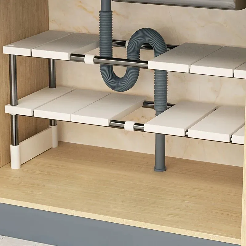 Étagère de rangement réglable pour sous-évier, organisateur extensible pour armoire de cuisine et de salle de bain, support à casseroles multi-niveaux durable et compact - Image 1