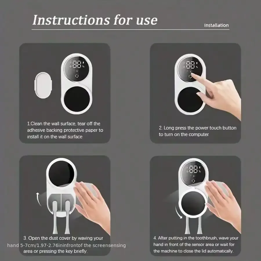 Support mural pour brosses à dents, stérilisateur et sèche-brosses intelligent, compatible avec la plupart des murs, désinfection automatique. 6