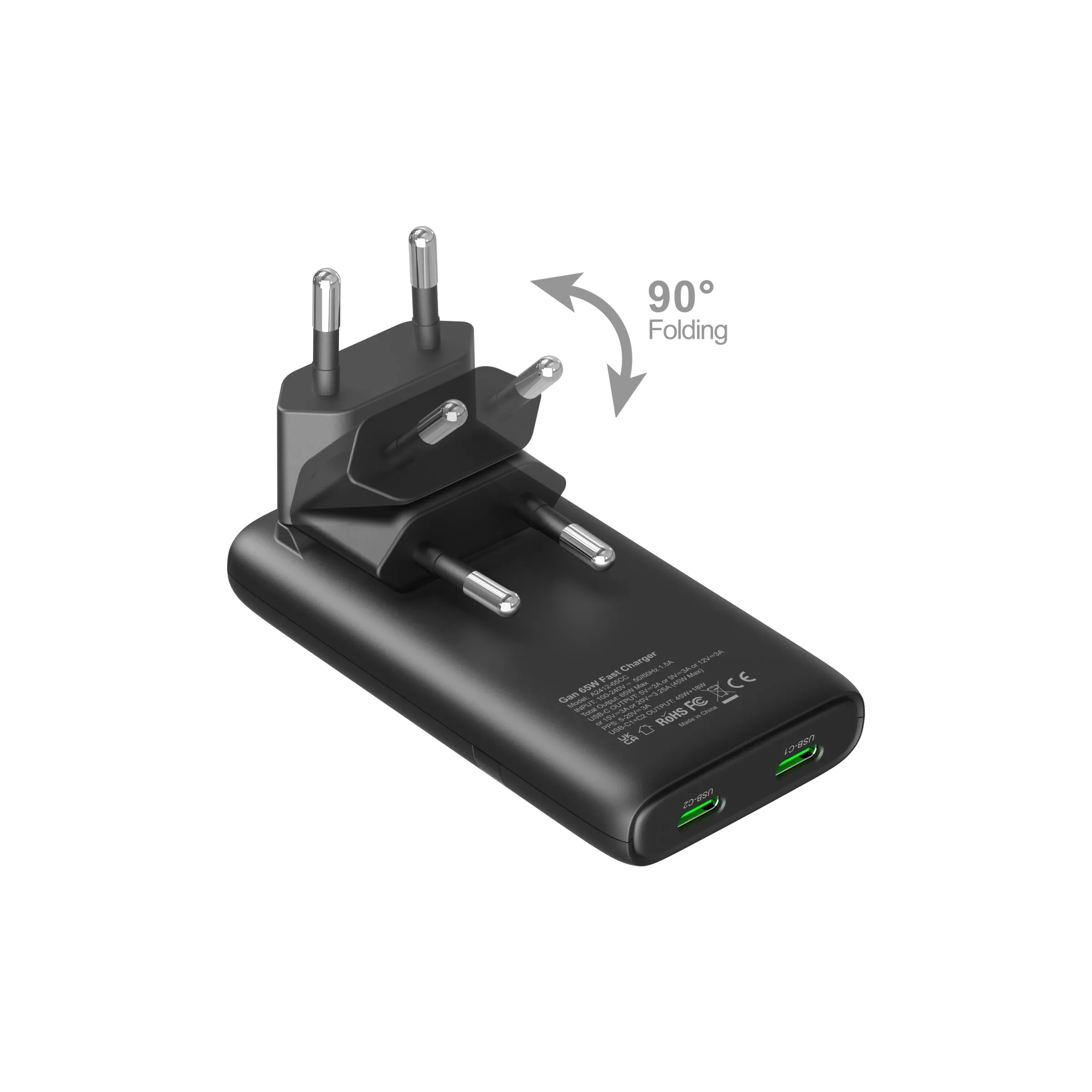 Chargeur mural USB-C GaN 65 W à 2 ports, plat et pliable, compatible iPhone, Xiaomi et Samsung