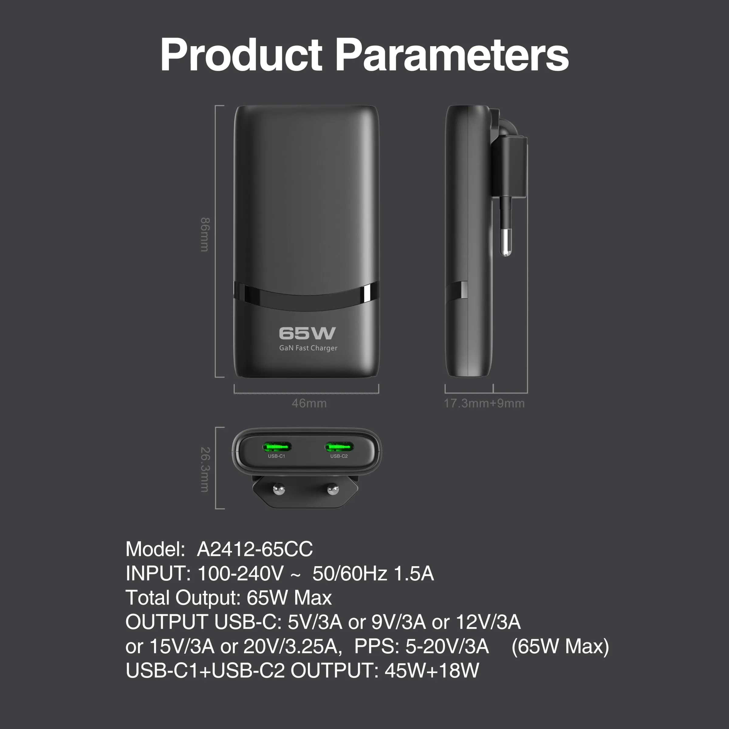 Chargeur mural USB-C GaN 65 W à 2 ports, plat et pliable, compatible iPhone, Xiaomi et Samsung 6